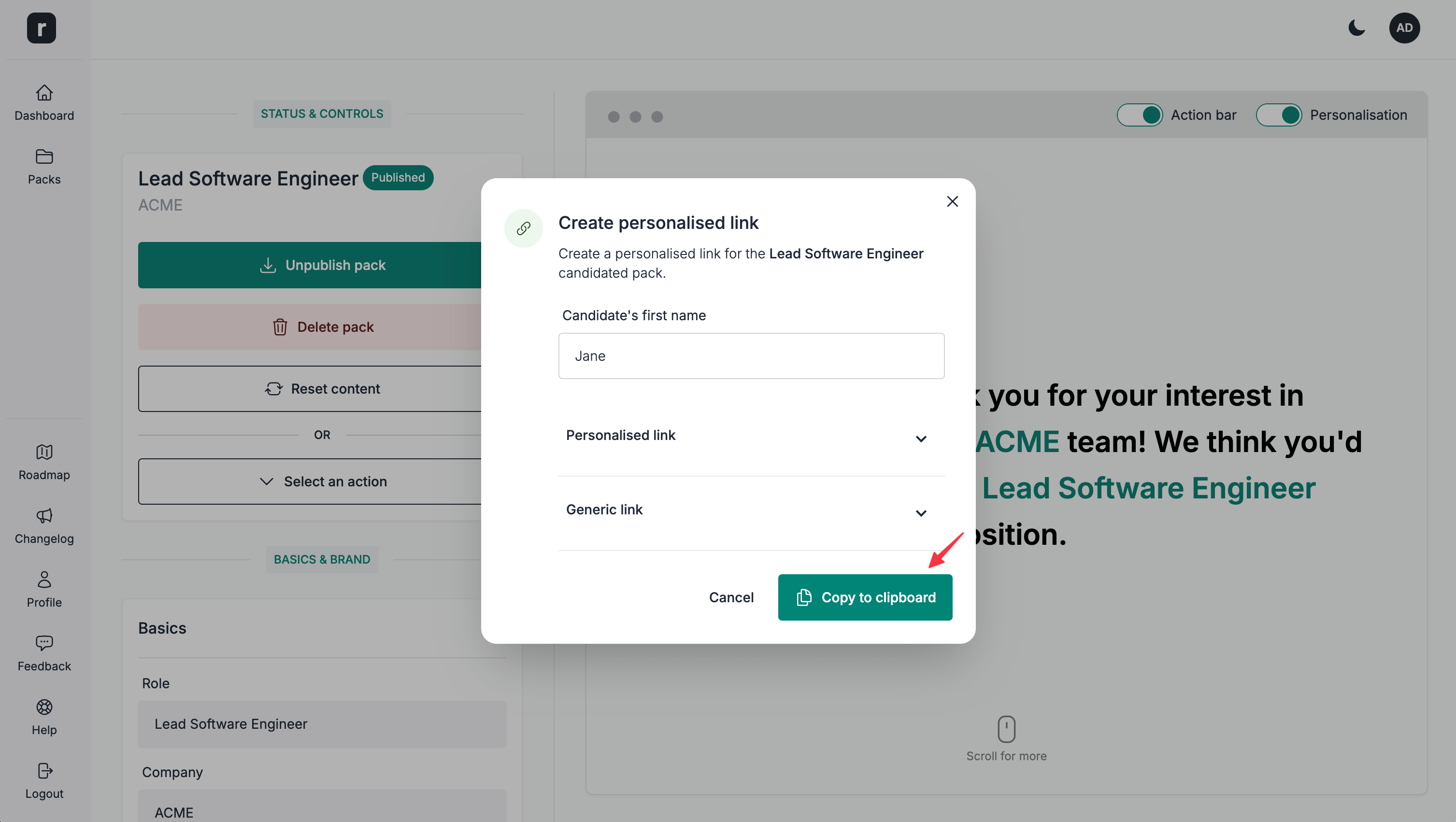 Copy personalised link to clipboard