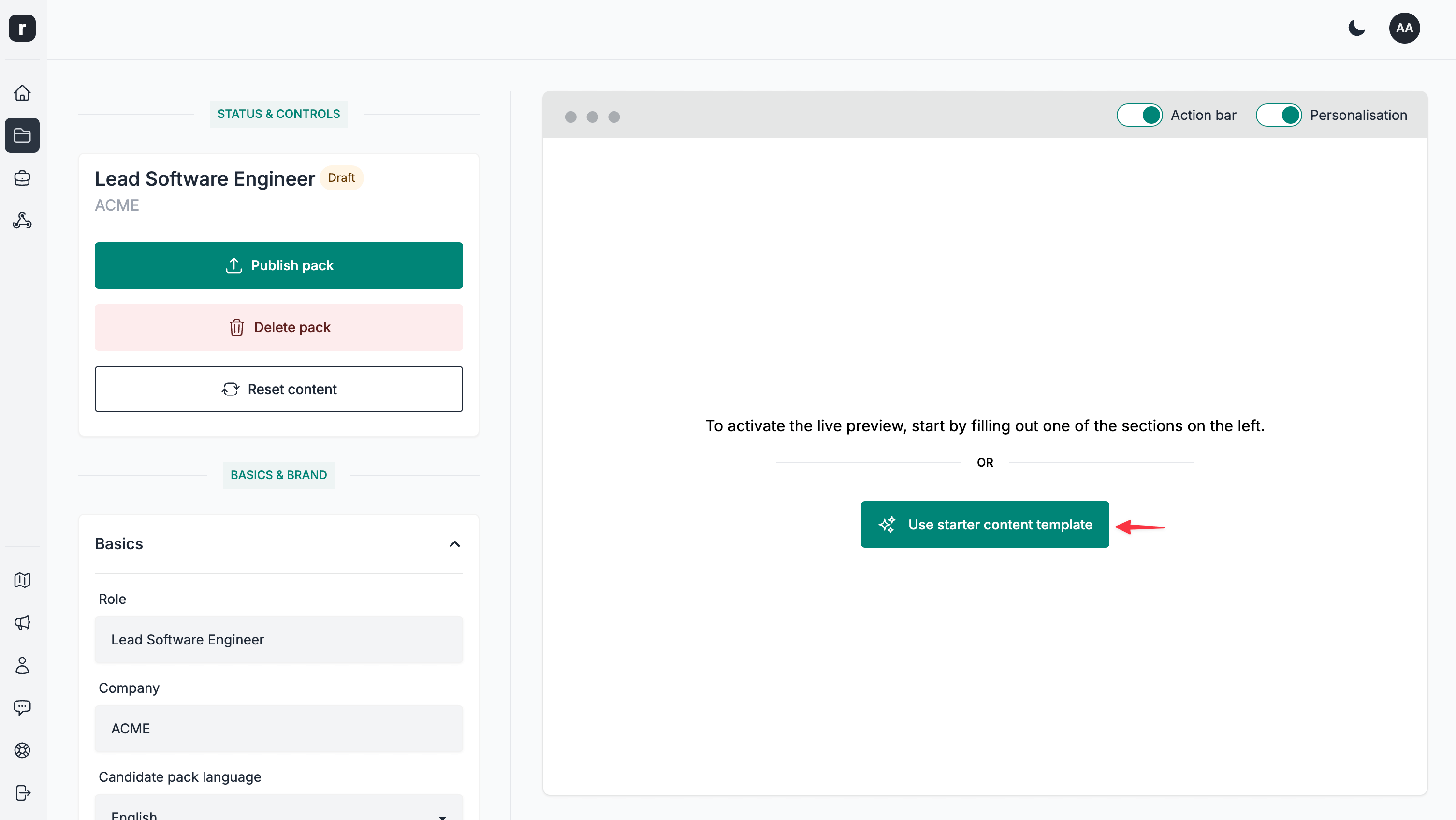 Use starter content template