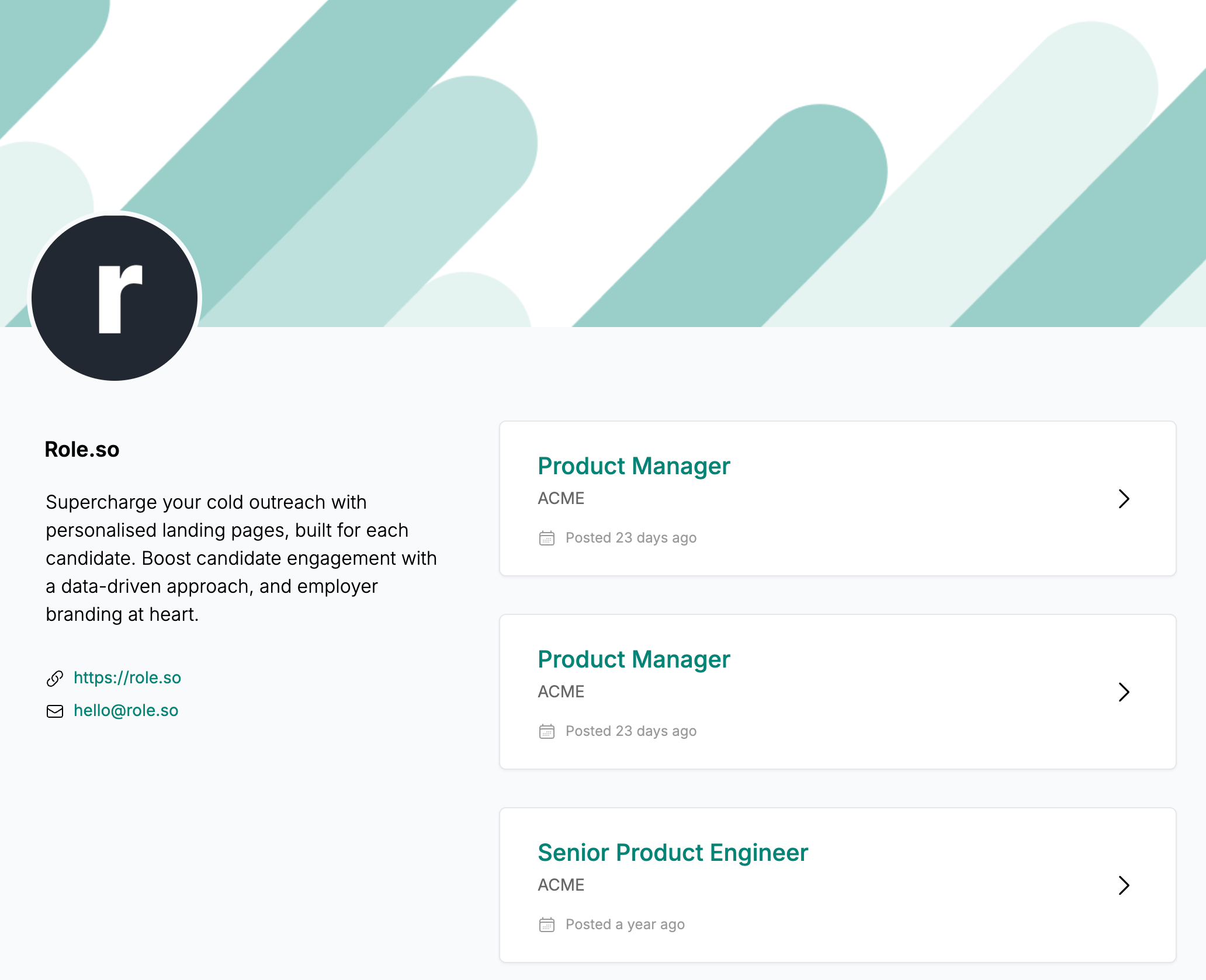 A branded Role.so careers page showing open roles