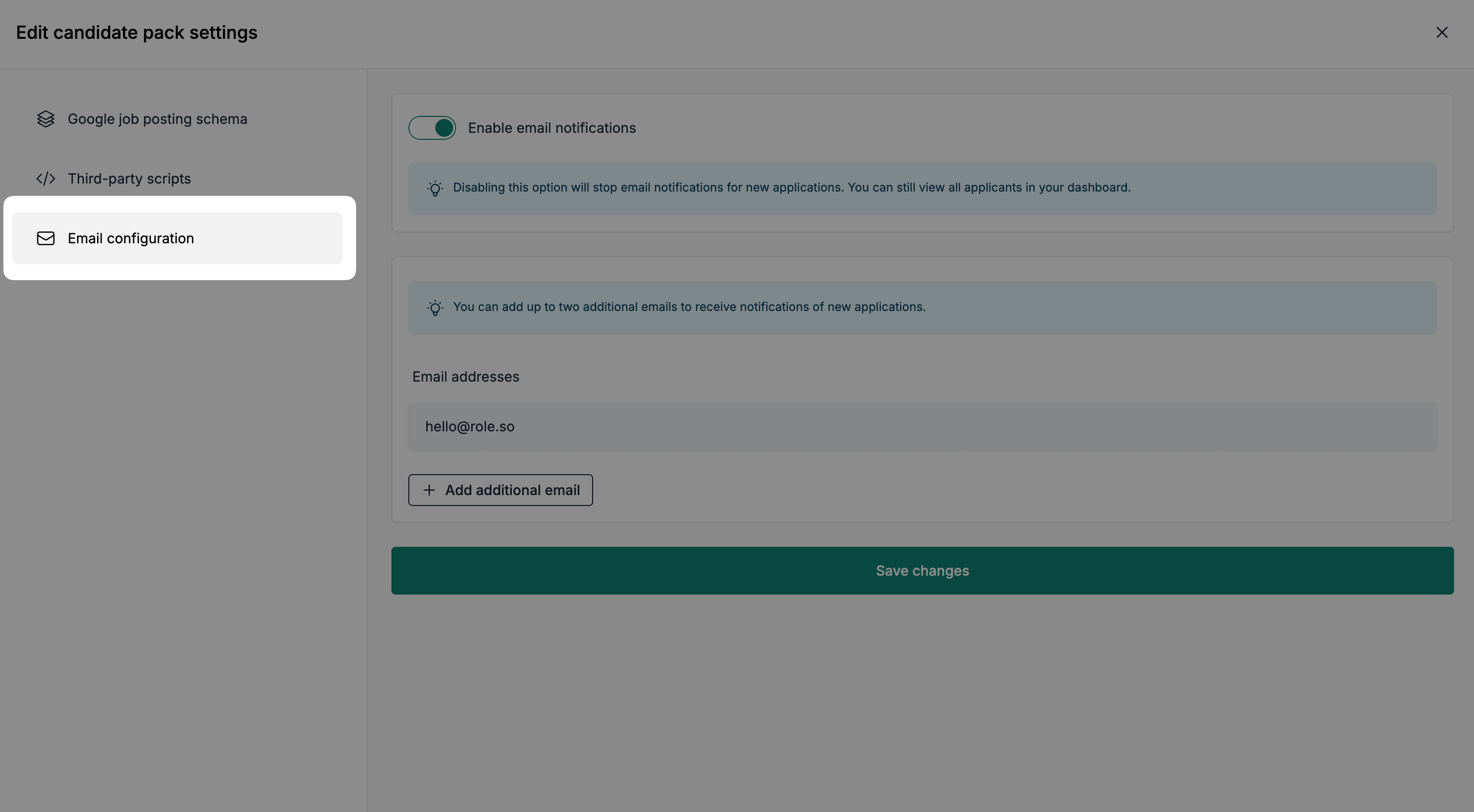 Email configuration tab