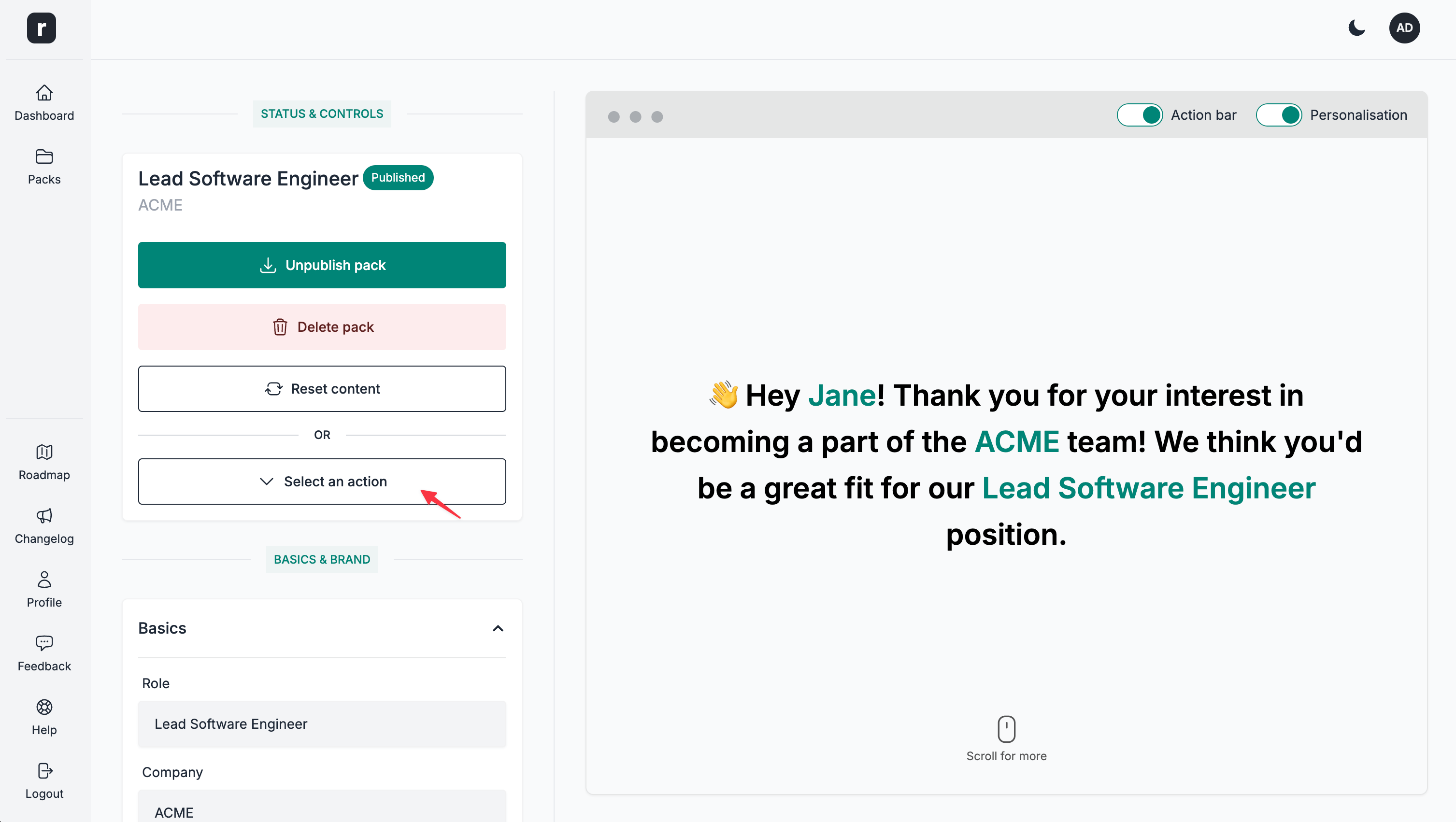 Click select an action