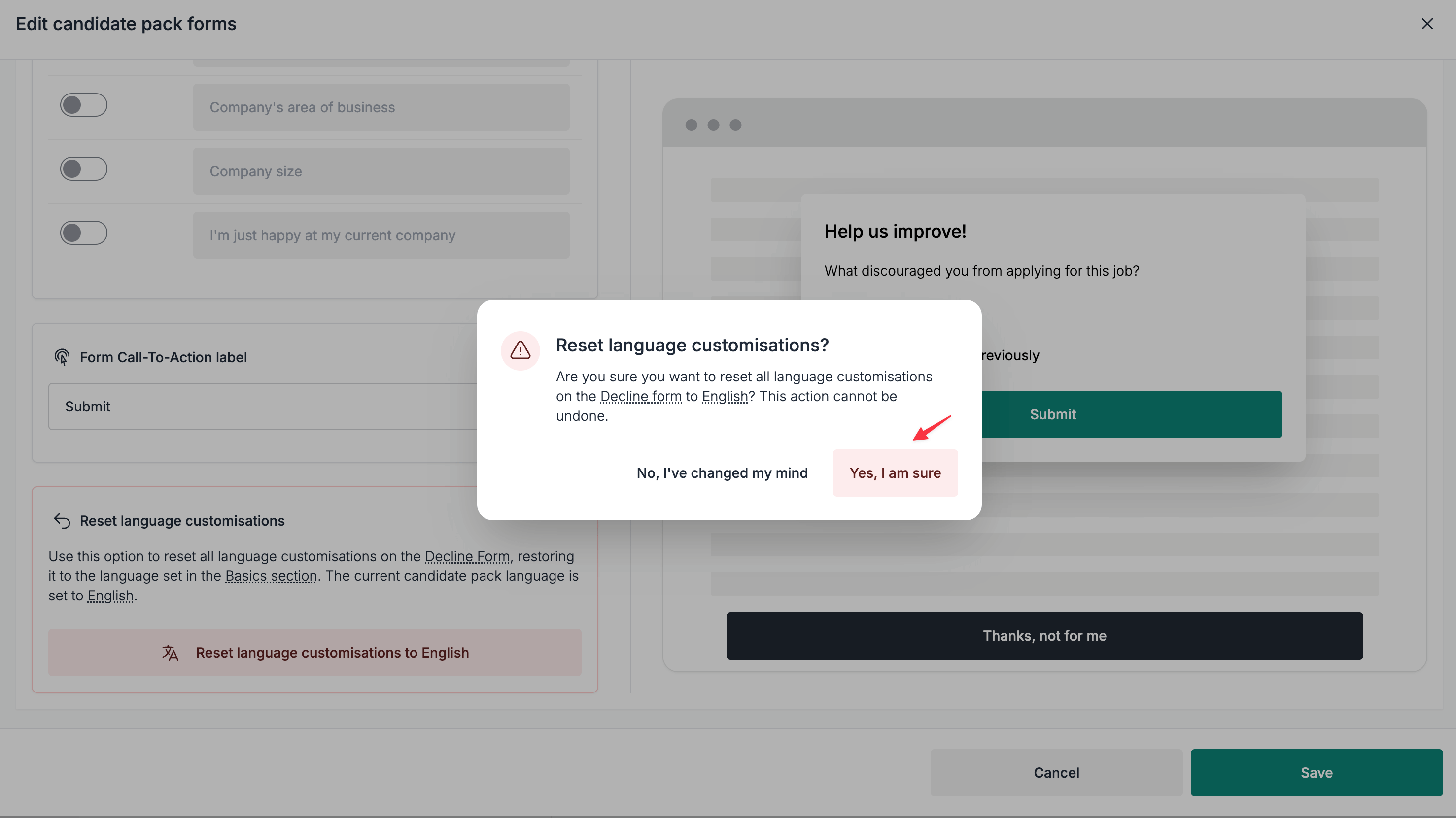 Confirm reset form customisations