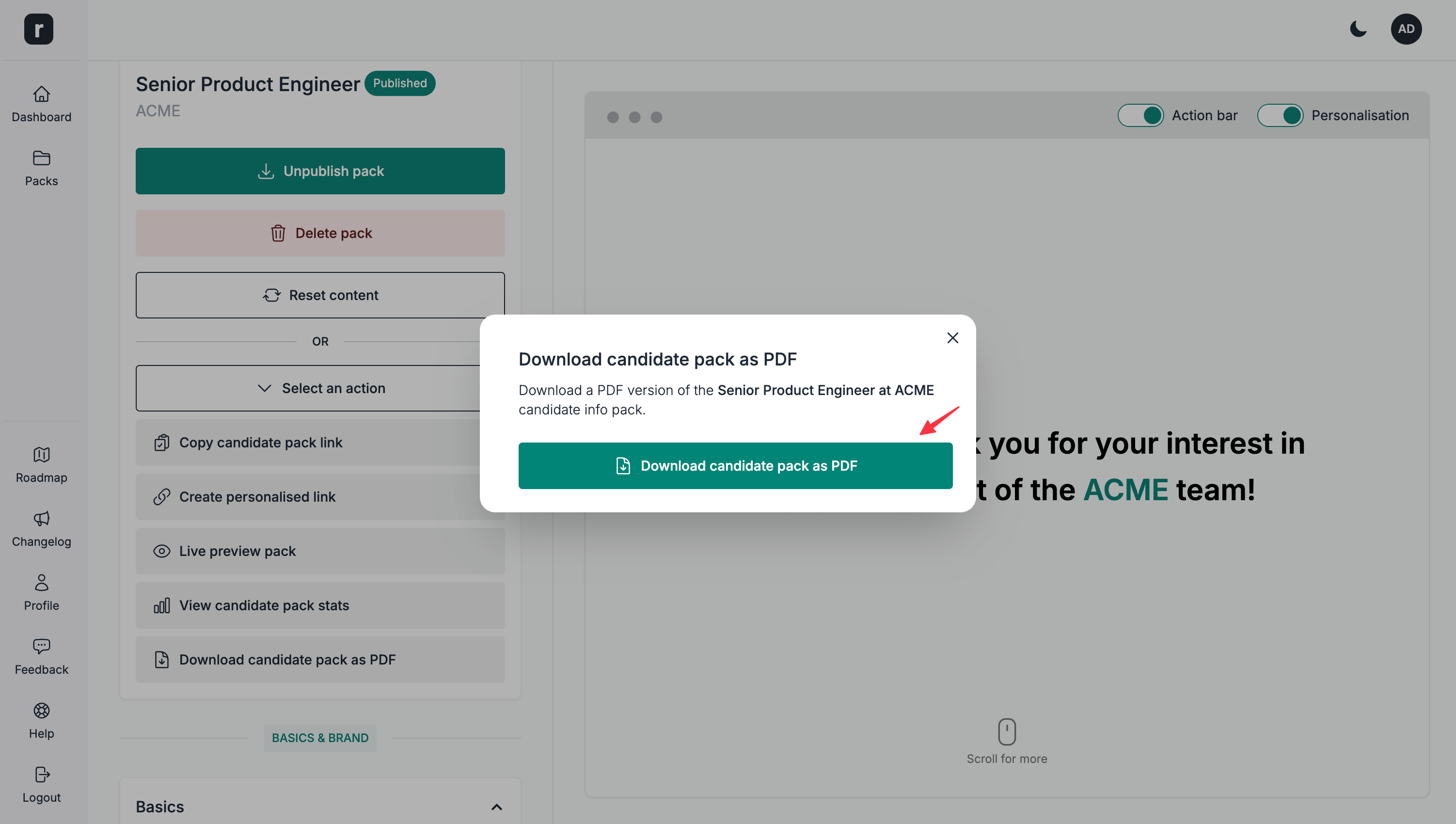 Download confirmation modal