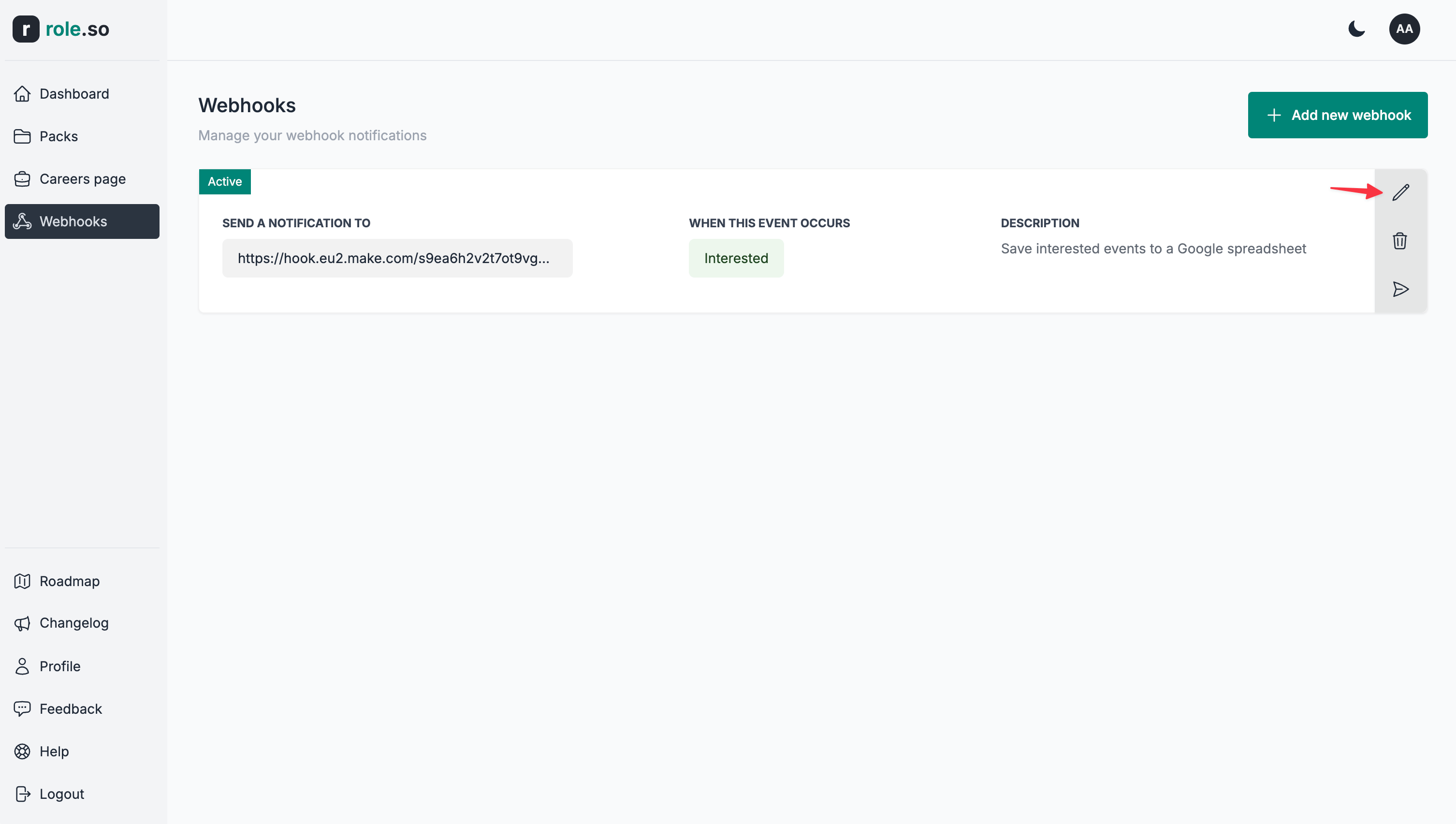 Click the edit webhook button