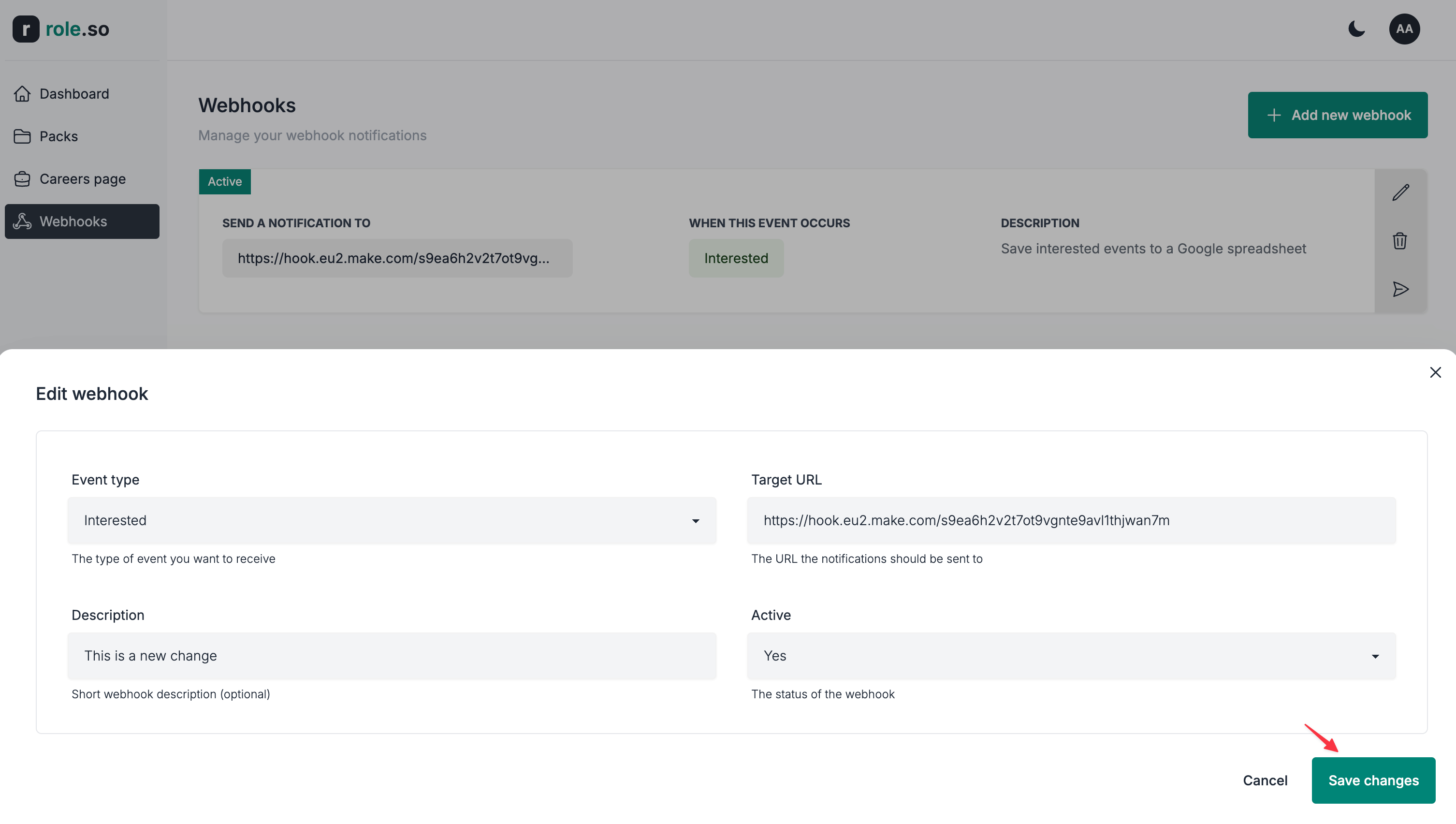Save webhook changes
